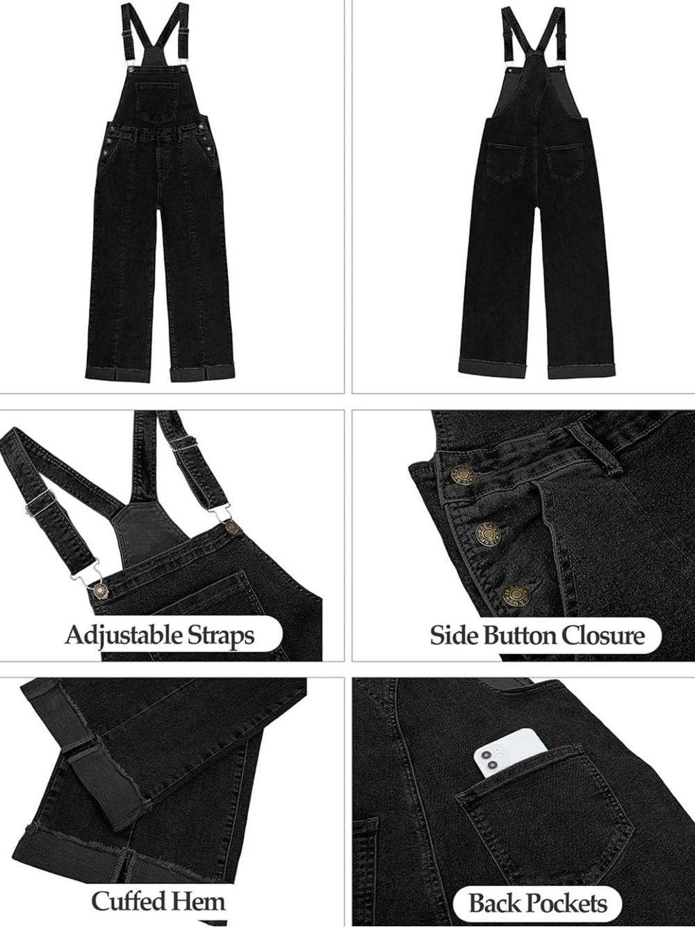 Vetinee Women’s Black Denim Loose Fit Wide Leg Overalls - Picture 11 of 11